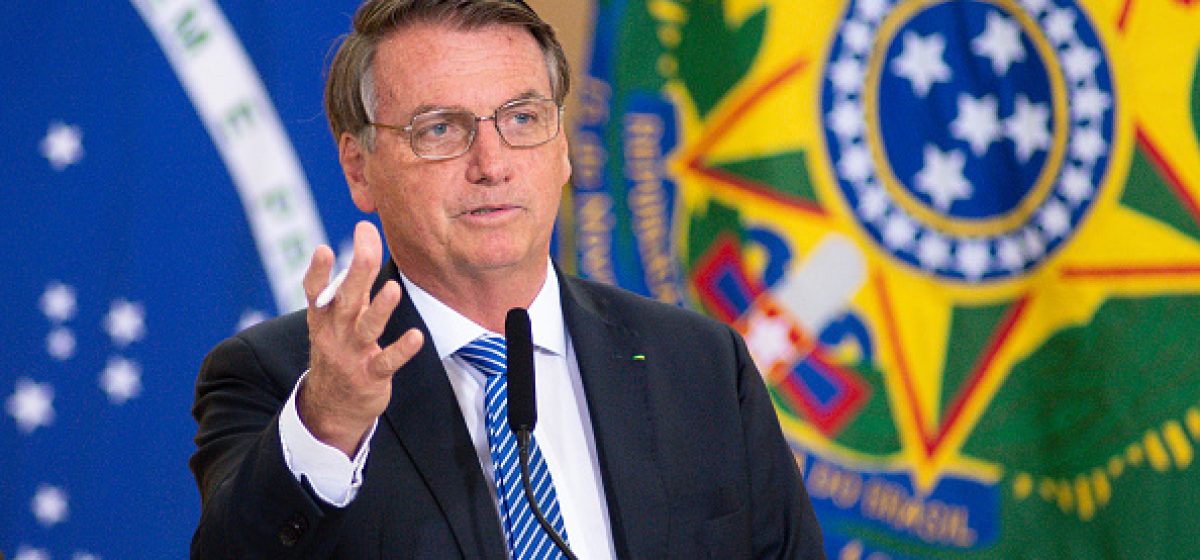 BRASILIA, BRAZIL - NOVEMBER 11: Brazilian President Jair Bolsonaro speaks during the Presentation of Food Donation Program at Planalto Palace on November 11, 2021 in Brasilia, Brazil. The program Comida no Prato aims to connect companies who want to donate food with institutions that are able to receive them for distribution to those in need. The levels of poverty and hunger grew in Brazil in 2020 and 2021, fueled by the effects of the pandemic. (Photo by Andressa Anholete/Getty Images)