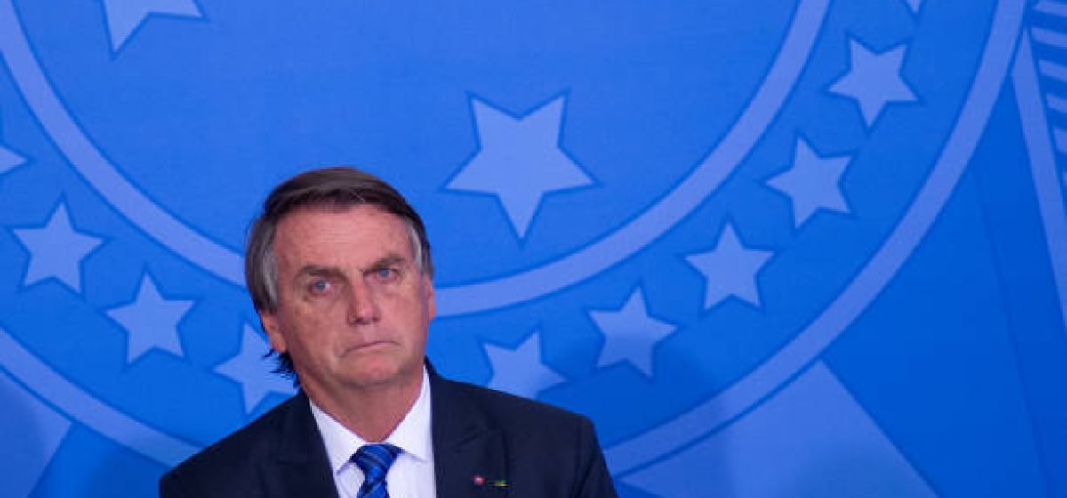 Jair Bolsonaro, Brazil's president, during a press conference at Planalto Palace in Brasilia, Brazil, on Wednesday, May 25, 2022. Bolsonaros decision to fire a third chief executive officer at Petrobras shows just how crucial it is for the Brazilian president to avoid another increase in fuel prices that could all but kill his re-election chances in October. Photographer: Andressa Anholete/Bloomberg via Getty Images