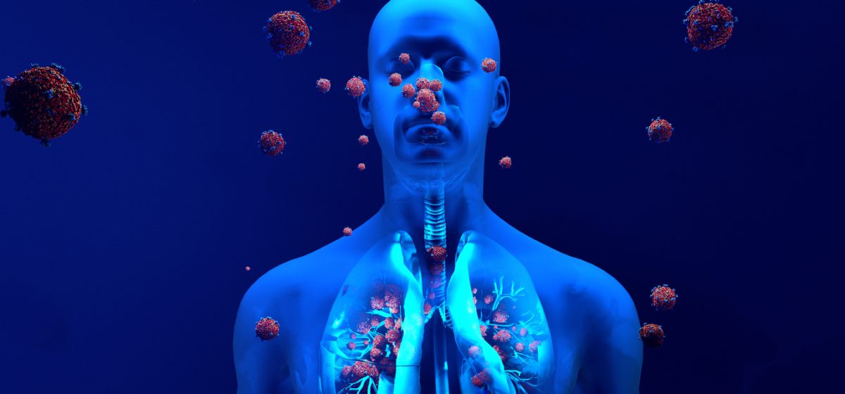 Droplets infected with a virus spray into the air, Human lungs infected by the Coronavirus or by virus, Respiratory infection caused by a virus. SARS